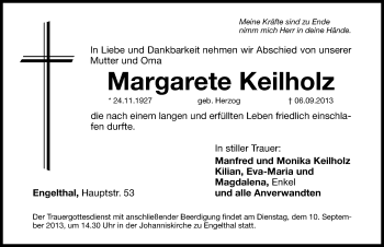 Traueranzeige von Margarete Keilholz von Hersbrucker Zeitung